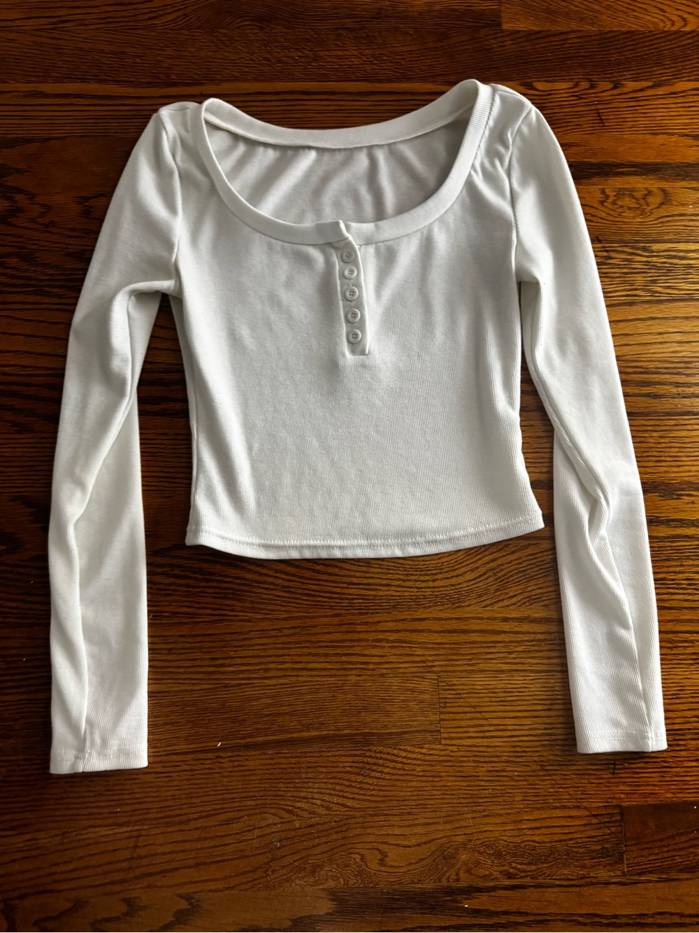 Women’s White Ribbed Long-Sleeve Henley Crop Top